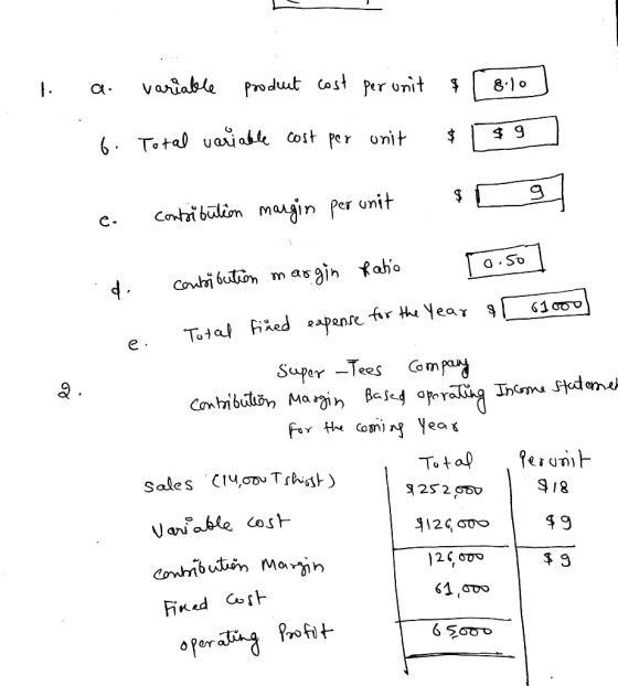 - a variable product cost per unit & [ 8.10] 6. Total variable cost per unit $ $9 s a e contribution margin perunit d. contri