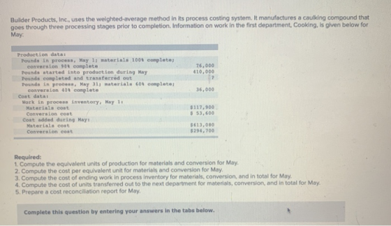 Builder Products, Inc., uses the weighted average method in its process costing system. It manufactures a caulking compound t