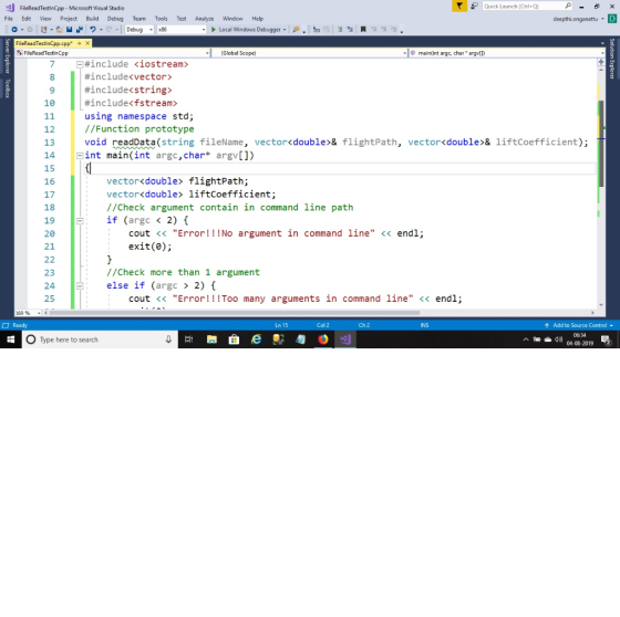 File . Server Explorer Toolbox Solution Explorer FileRead TestinCpp - Microsoft Visual Studio Quick Launch (Ctrl+Q) 2 - 2 x E