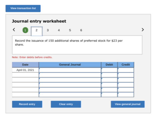 View transaction ist Journal entry worksheet 2 3 4 5 6 Record the issuance of 150 additional shares of preferred stock for $2
