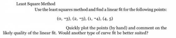Least Square Method Use the least squares method and find a linear fit for the following points: (0, -3), (2, -3), (1, -4), (