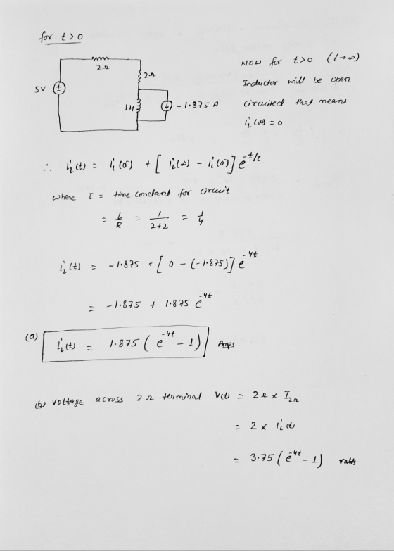 for too (to) Now for t>o 2-2 Inductor will be open SV circuited -1.875 A that means IH 10=0 .. lct) (0) + [ lilo 107] ett whe