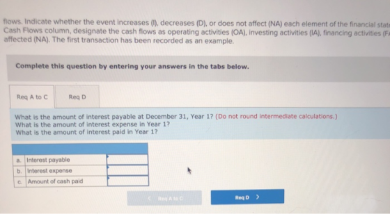 flows. Indicate whether the event increases (0), decreases (D), or does not affect (NA) each element of the financial state C