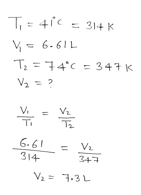 IT 4C = 314 K | V = 6.61L T = 14°C = 347 K V =? 뷰 묶 SAN = A V2 = 7.3L