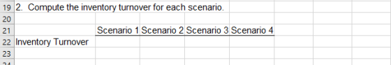 19 2. Compute the inventory turnover for each scenario. 20 21 Scenario 1 Scenario 2 Scenario 3 Scenario 4 22 Inventory Turnov