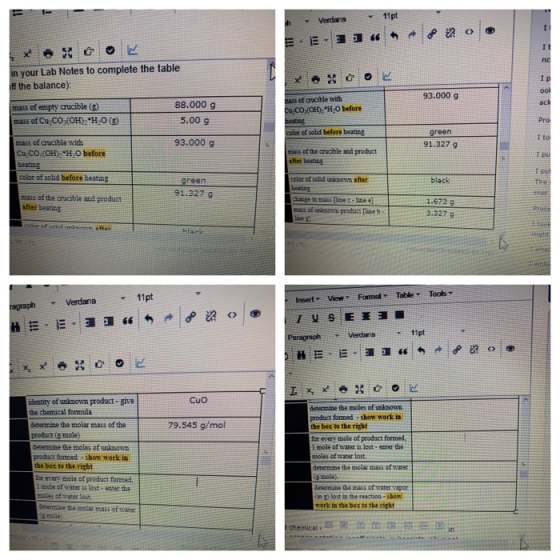 1 11 pt Verdans - B in your Lab Notes to complete the table if the balance) Ip 93.000 g ool act mass of crucible with D.CO (O