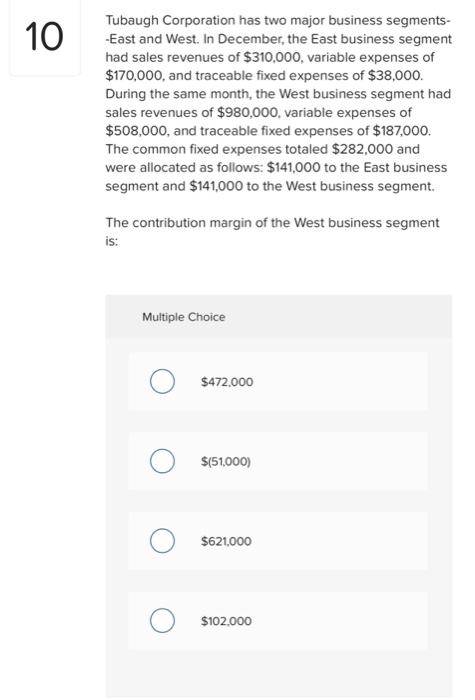 10 Tubaugh Corporation has two major business segments- -East and West. In December, the East business segment had sales reve