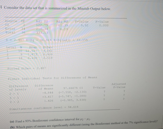 - Consider the data set that is summarized in the Minitab Output below. Source DF C2 Error 34 Total 36 Adj SS 122.79 210.34 3