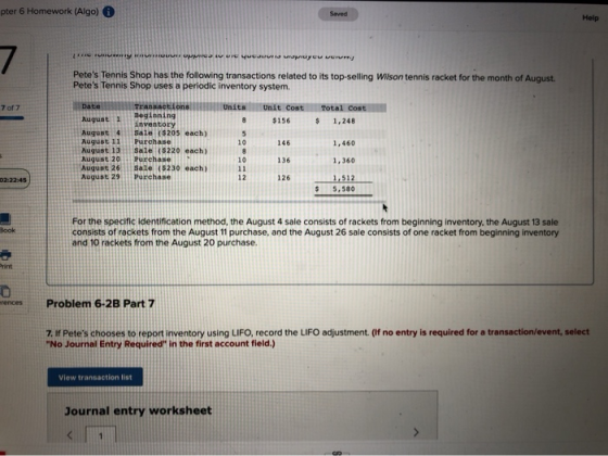 pter 6 Homework (Algo) Help Petes Tennis Shop has the following transactions related to its top-selling Wilson tennis racket
