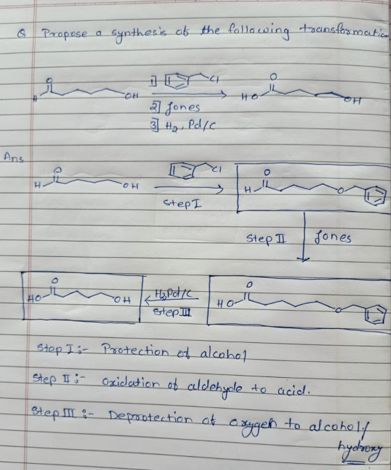 o propose a synthesis of the following townsformatica 1] Ho OH a fones 3] H₂, Pdlc Ans Hi OH > Step I Step I Jones Ho OH Hapd