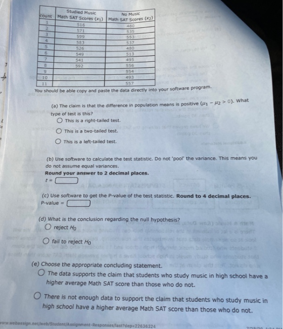 516 553 Studied Music count No Music Math SAT Scores (x) Math SAT Scores (x2) 1 480 2 571 535 3 599 4 583 537 5 526 480 6 549