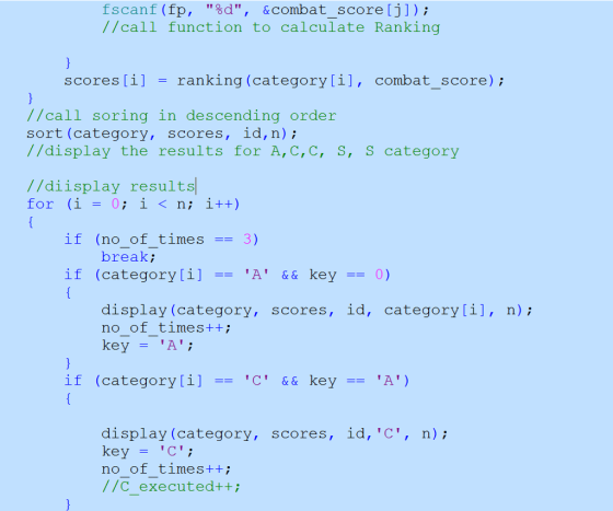 fscanf (fp, %d, &combat score [j ] ) ; //call function to calculate Ranking scores i] -ranking (category[i], combat score);