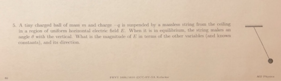 5. A tiny charged ball of mass m and charge -q is suspended by a massless string from the ceiling in a region of uniform horizontal electric field E. When it is in equilibrium, the string makes an angle 0 with the vertical. What is the magnitude of E in terms of the other variables (and known constants), and its direction AU Physics PHYS 1600/1610 CC-BY-SA Kolarkar