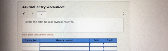 Journal entry worksheet < 1 2 Record the entry for cash dividend received. Note: Enter debits before credits Transaction Gene