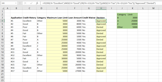 H4 fi =IF(OR(C4=Excellent,AND(C4=Good,OR(F4<=E4,64=Yes)),AND(C4=Fair,F4<=E4, G4=Yes)),Approved, Denied) A B D E