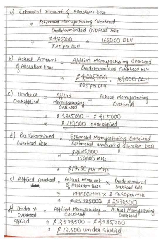 b) Estimaled amount of Allocation base Estimated mamajacheting Overhead Predeleminded Overhead seale $4125000 165000 DLH $25