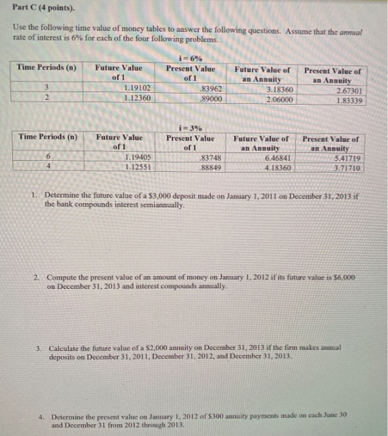Part C (4 points). Use the following time value of money tables to answer the following questions. Assume that the annual rat