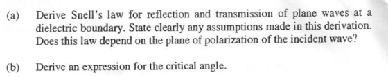 (a) Derive Snells law for reflection and transmission of plane waves at a dielectric boundary. State clearly any assumptions made in this derivation. Does this law depend on the plane of polarization of the incident wave? (b) Derive an expression for the critical angle.