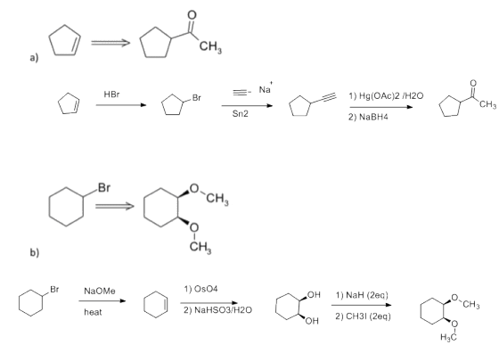 Na HBr Br 1) Hg(OAc)2 /H20 2) NaBH4 YCH Sn2 Br NaOme 1) Os04 2) NaHSO3/H20 OH 1) NaH (2eq) heat OH 2) CH31 (2eq)