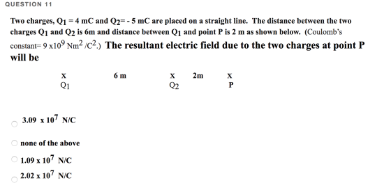 QUESTION 11 Two charges, Q1 = 4 mC and Q2=-5 mC are placed on a straight line. The distance between the two charges Q1 and Q2