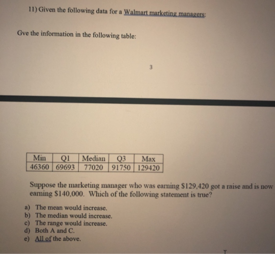 11) Given the following data for a Walmart marketing managers: Gve the information in the following table: Min Qi Median 4636