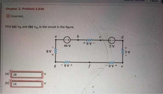 4BACK Chapter 2, Problem 2.020 X Incorrect. Find (a) Vfb and (b) Vec in the circuit in the figure. d +9 V 44 V 5 V + 8 V 5 V