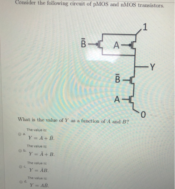 Consider the following circuit of pMOS and nMOS transistors. B-[ A6 AC What is the value of Y as a function of A and B? a. Th