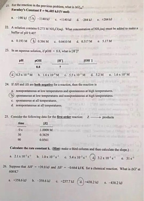 2843 21. For the reaction in the previous problem, what is AG? Faradays Constant F - 485 J/(V-mol 190 WOD - 1140 +11402 4 -