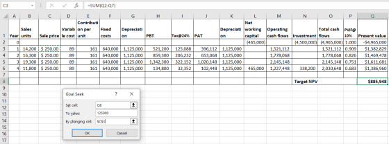 c3 for G H I J : x =SUM(Q2:07) A B C D E F Contributi Sales Variab on per Fixed 1 Year units Sale price le cost unit costs 2