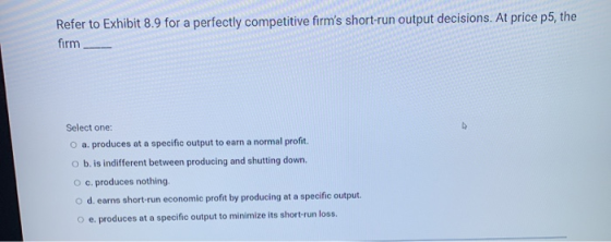 Refer to Exhibit 8.9 for a perfectly competitive firms short-run output decisions. At price p5, the firm Select one: O a. pr