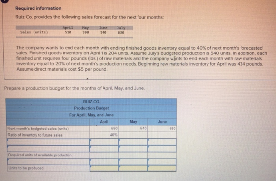 Required information Ruiz Co. provides the following sales forecast for the next four months: April Мay 590 June July Sales (