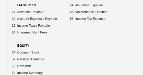 LIABILITIES 54 Insurance Expense 55 Maintenance Expense 56 Income Tax Expense 21 Accounts Payable 22 Accrued Expenses Payable