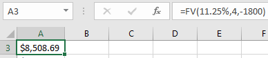 А3 х v f =FV(11.25%,4,-1800) B C D E A з | $8,508.69 |