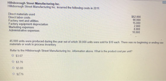Hillsborough Street Manufacturing Inc. Hillsborough Street Manufacturing Inc. incurred the following costs in 2011: Direct ma