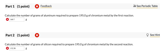See Periodic Table (1 point) xFeedback Part 1 Calculate the number of grams of aluminum required to prepare 195.0 g of chromi