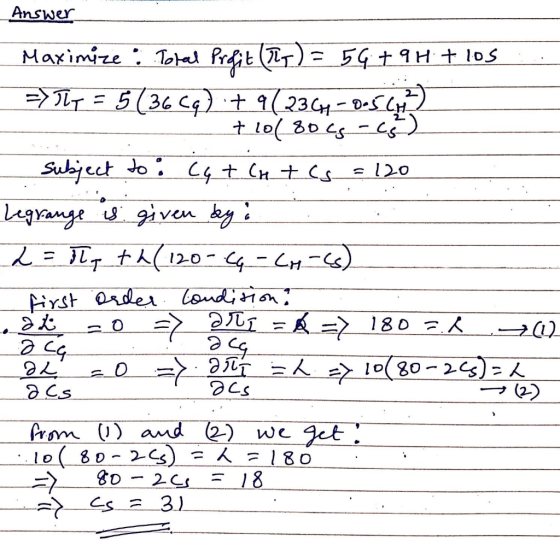 Answer MaximizeToal Prt -5G+9H t los - 5(36 C4) t 9(231-DC +lo( 30cs- Subject do C4 t Cnt C 20 agrange given y 120-4 -) irst