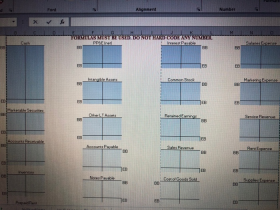 Rola Alignment FORMULAS MUST BE USED. DO NOT HARD CODE ANY NUMBER PP&E (net) Interest Pauable Salaries Expense Bet Intangible