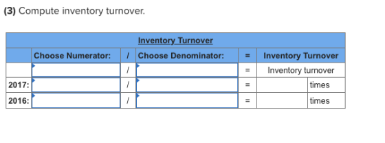 (3) Compute inventory turnover. Inventory Turnover Choose Denominator: Choose Numerator: = Inventory Turnover Inventory turno