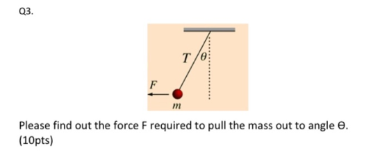 Q3 m Please find out the force Frequired to pull the mass out to angle o. (10pts)