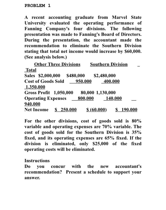 PROBLEM 1 A recent accounting graduate from Marvel State University evaluated the operating performance of Fanning Companys