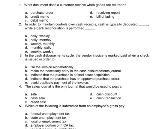 1. What document does a customer receive when goods are returned? a. purchase order d. receiving report b. credit memo e. bil