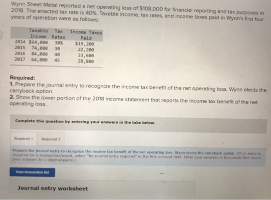 Wynn Sheet Metal reported a net operating loss of $108,000 for financial reporting and tax purposes in 2018. The enacted tax