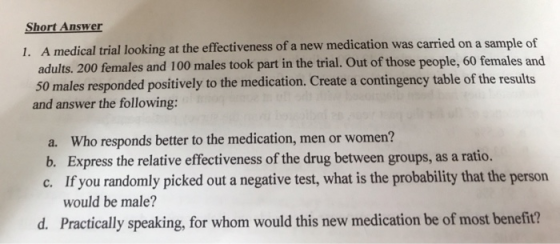 Short Answer 1. A medical trial looking at the effectiveness of a new medication was carried on a sample of adults. 200 femal