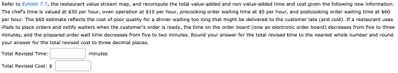 Refer to Exhibit 7.7, the restaurant value stream map, and recompute the total value-added and non-value-added time and cost