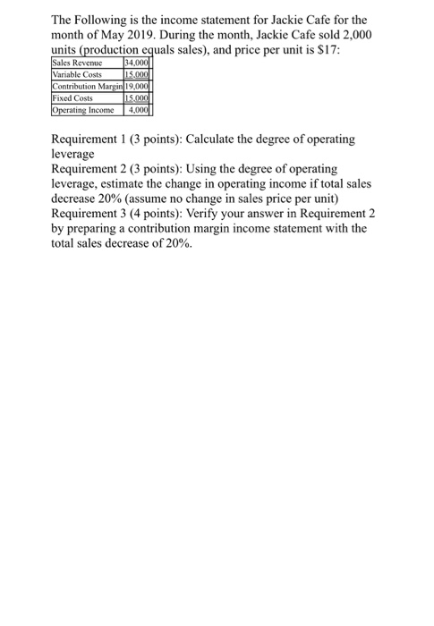 The Following is the income statement for Jackie Cafe for the month of May 2019. During the month, Jackie Cafe sold 2,000 uni