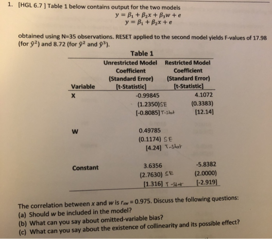 1. (HGL 6.7 ] Table 1 below contains output for the two models y = B1 + B2x + B3w+e y = B1 + B2x + e obtained using N=35 obse