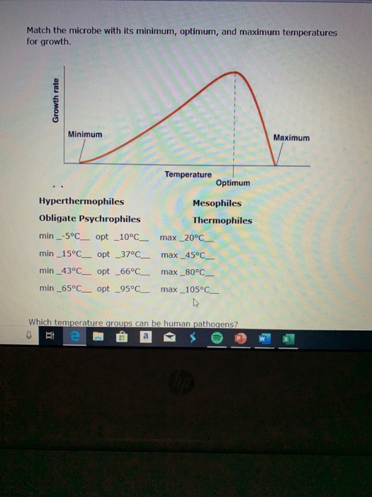Match the microbe with its minimum, optimum, and maximum temperatures for growth. Minimum Maximum Temperature Optimum Hyperth