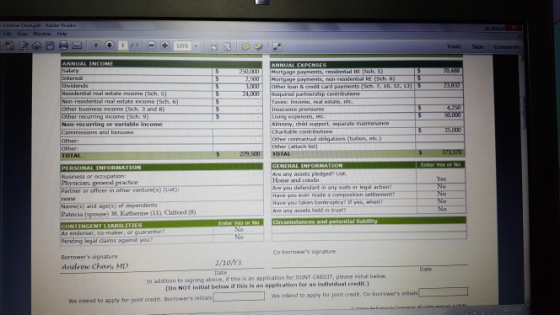 500 ortgage payments, con ruasdercial RE (Sch Residential real estate ncome (sch.5 business noome (Sch. 3 and 8) Non-recurring or variable income real estate income (Sch. 6) Insurance pr Chartable cont e contractual oblqations (tuition, etc.) Other lach ist TOTAL Ar any asets pledged? Lnt. Yes Home and condo re you defendant n any suats or lave you ever made s compostion settlement Have You taken bonkruptcy? yes, wir? eneral practioe tner or otficer in other venturess)(s Name(S) and age(s) of dependents atricia (spouse) 38, Katherine (11 Clitford (8) As endorser, co-maker, or guarantor Pending legal claims against you? Borrowers signature Andrew Chans MD amy asssts held in tr No Co-borrowers signature 2/10/Y3 in addition to signing above, if this is an applcation for JOINT CREDIT, please initial below (Do NOT initial below if this is an application for an individual credit.) We intend to apply for joint credt. Co-barrowers intials We intend to apply for joirt credit. Berrowesntas