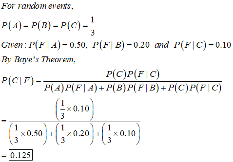 For random events P(A)- P(B) P(C) Given :P(F d) = 0.50. P(F B)-0.20 and P(F C)-0.10 By Bayes Theorem, P(CF)- P(C)P(FIC) P(A)