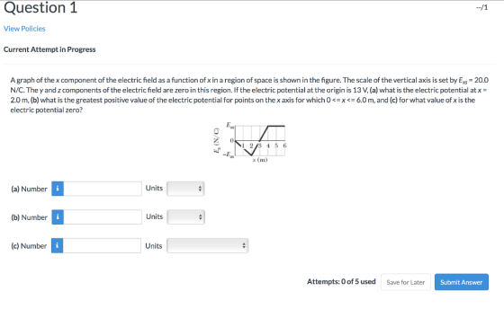 Question 1 --/1 View Policies Current Attempt in Progress A graph of the x component of the electric field as a function of x